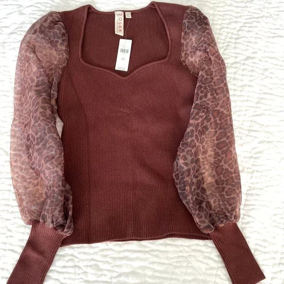 Anthropologie DOLAN Puff-Sleeve Sweater in Brown Motif Leopard NWT - Picture 6 of 6